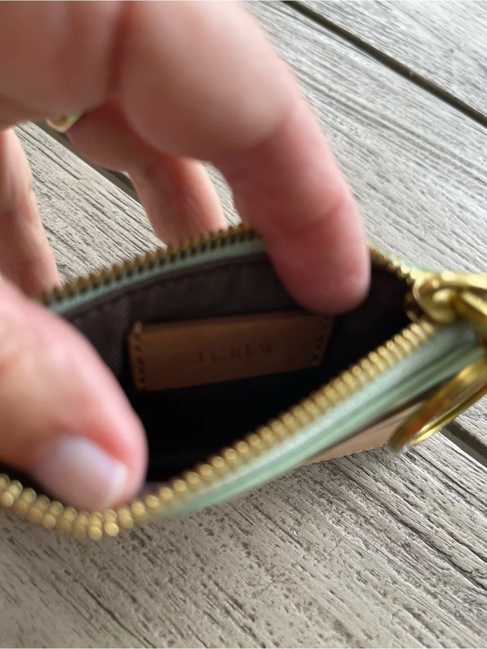 J. Crew Mint Green Leather Cardholder Keychain with Tan Card Pocket